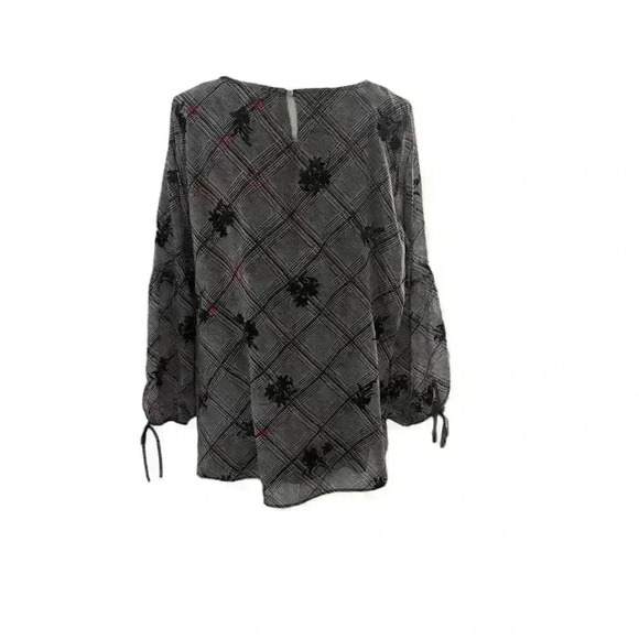 Roz & Ali Women’s Plaid Print Bell Sleeve Blouse | Floral Embroidered | 1X - Picture 2 of 3